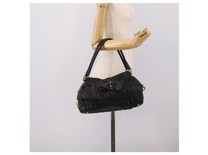 Bolsa de mão PRADA em couro preto e ouro Auth am12603SAM Dourado - vista 25