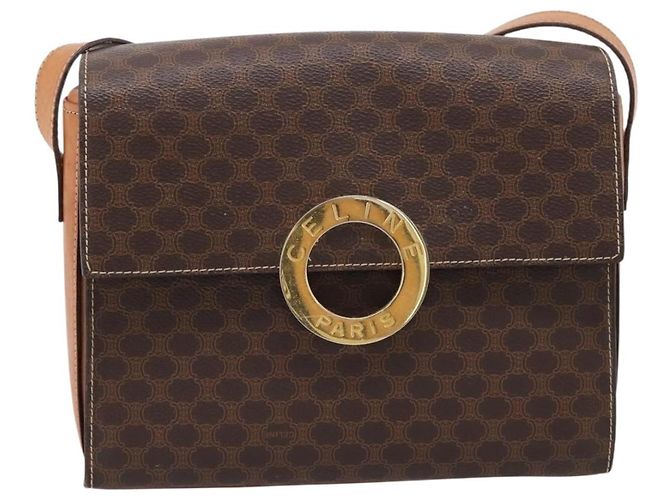 Céline Bolsa de Ombro Circular CELINE Macadam Canvas PVC Couro Marrom Dourado Auth 202926 - vista 13