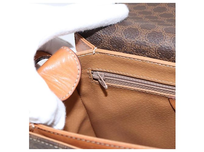 Céline Bolsa de Ombro Circular CELINE Macadam Canvas PVC Couro Marrom Dourado Auth 202926 - vista 19