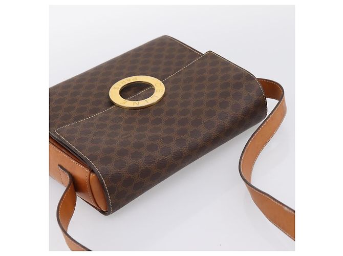 Céline Bolsa de Ombro Circular CELINE Macadam Canvas PVC Couro Marrom Dourado Auth 202926 - vista 6