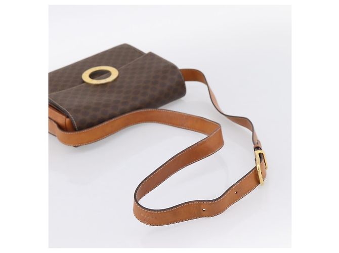 Céline Bolsa de Ombro Circular CELINE Macadam Canvas PVC Couro Marrom Dourado Auth 202926 - vista 7