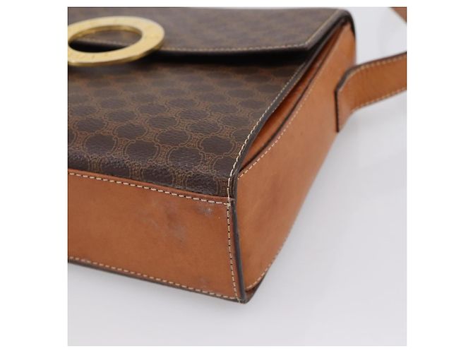 Céline Bolsa de Ombro Circular CELINE Macadam Canvas PVC Couro Marrom Dourado Auth 202926 - vista 9