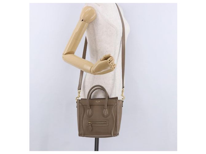 Céline CELINE Luggage Nano Shopper Hand Bag Leather 2way Beige Gold Auth 200630A D'oro - vista 27