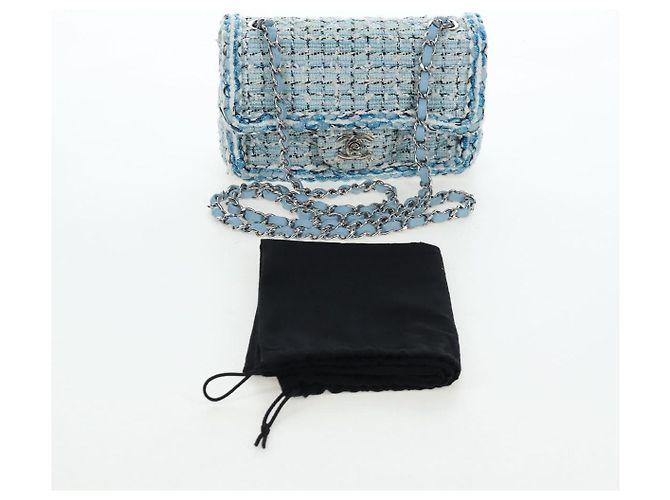 Borsa a tracolla CHANEL Chain Matelasse 20 in tweed Blu Argento CC Auth BA15642SM - vista 12