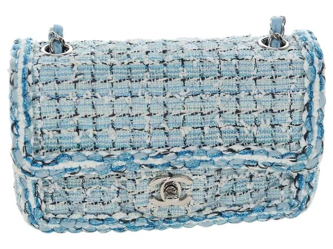Borsa a tracolla CHANEL Chain Matelasse 20 in tweed Blu Argento CC Auth BA15642SM - vista 13