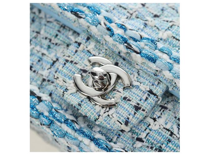 Borsa a tracolla CHANEL Chain Matelasse 20 in tweed Blu Argento CC Auth BA15642SM - vista 19