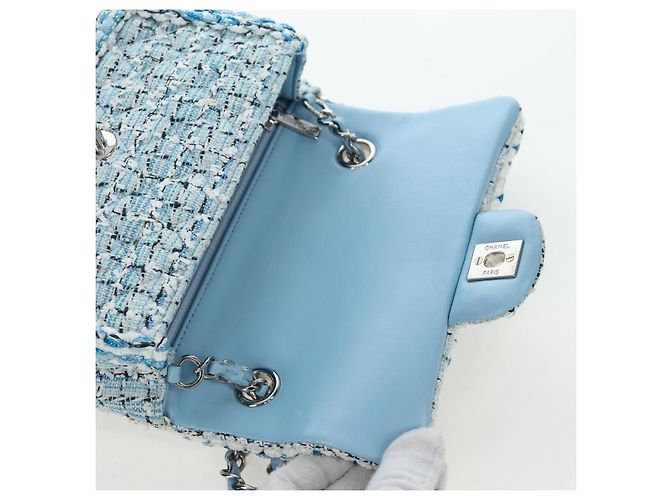Borsa a tracolla CHANEL Chain Matelasse 20 in tweed Blu Argento CC Auth BA15642SM - vista 21