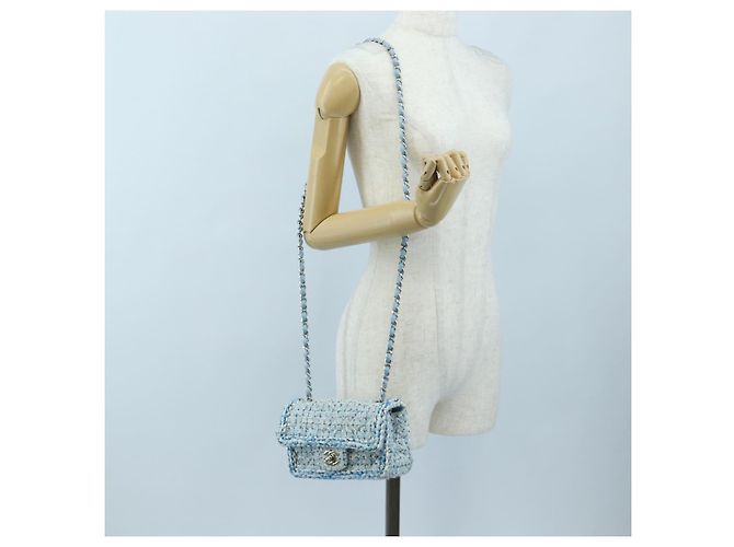 Borsa a tracolla CHANEL Chain Matelasse 20 in tweed Blu Argento CC Auth BA15642SM - vista 30