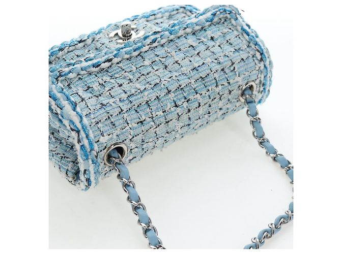 Borsa a tracolla CHANEL Chain Matelasse 20 in tweed Blu Argento CC Auth BA15642SM - vista 6