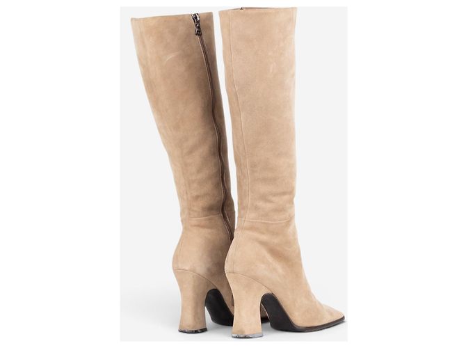 Prada 2000s Knee High Suede Sculptural Heel Boots Beige - view 2