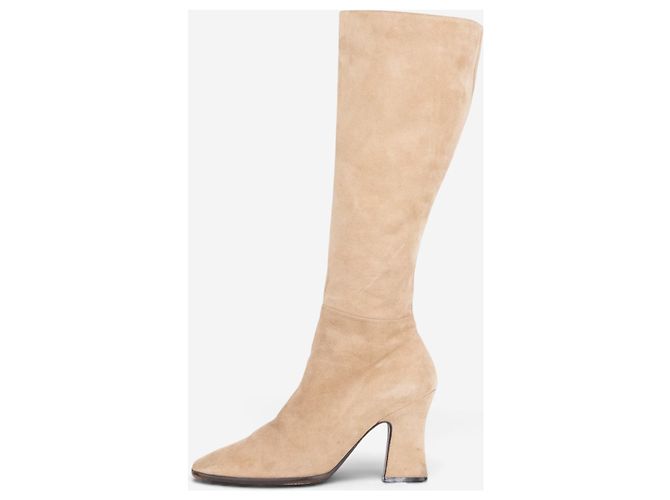 Prada 2000s Knee High Suede Sculptural Heel Boots Beige - view 3
