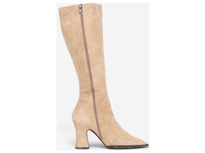 Prada 2000s Knee High Suede Sculptural Heel Boots Beige - view 4