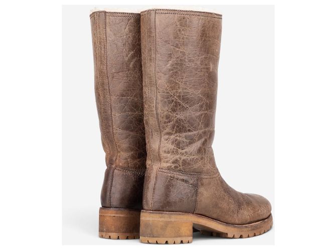 Botas moteras Prada AW11 altas de shearling con efecto pintura Castaño - vista 2