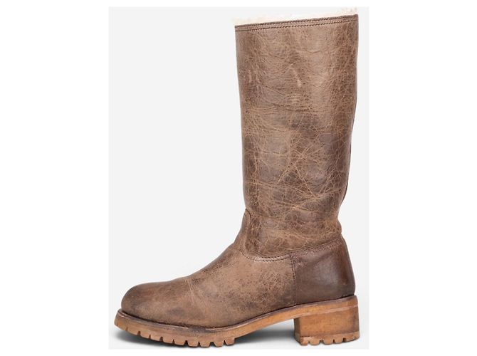 Botas moteras Prada AW11 altas de shearling con efecto pintura Castaño - vista 3