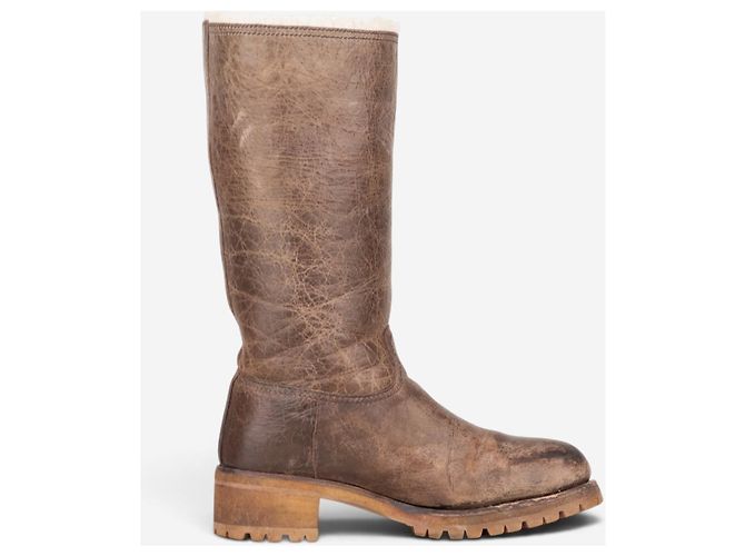 Botas moteras Prada AW11 altas de shearling con efecto pintura Castaño - vista 4