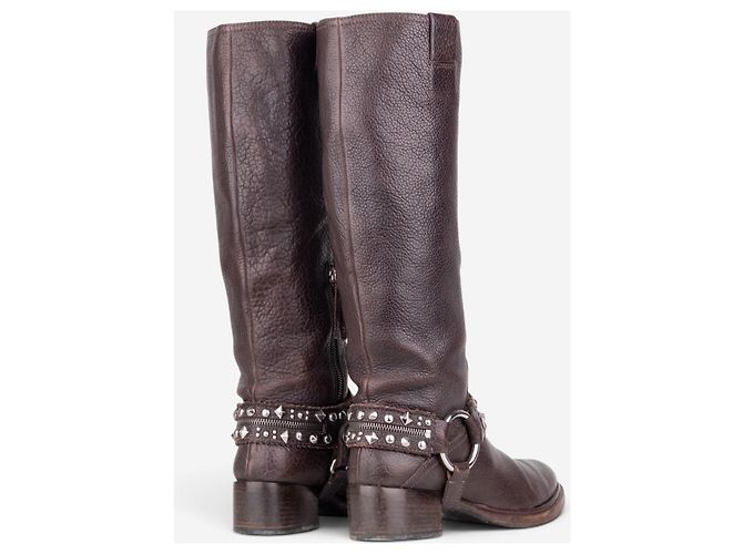 Stivali biker con borchie e imbracatura Miu Miu anni 2000 Marrone - vista 2