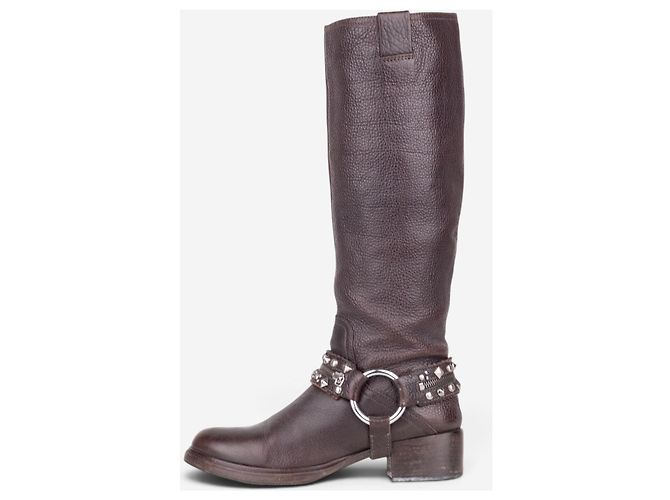 Stivali biker con borchie e imbracatura Miu Miu anni 2000 Marrone - vista 3