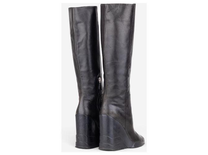 Prada AW14 Knee-High Biker Moto Wedge Boots Schwarz - Ansicht 2