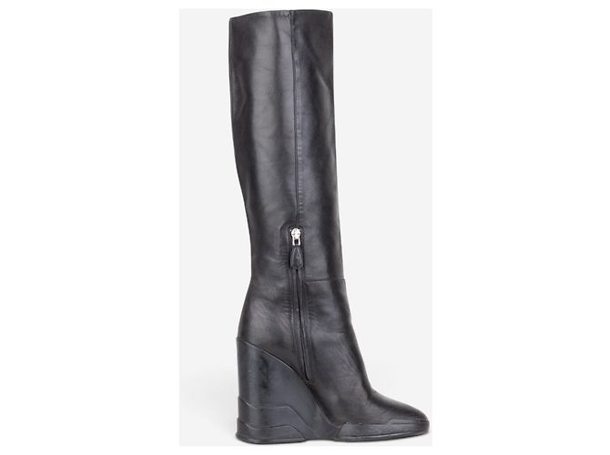 Prada AW14 Knee-High Biker Moto Wedge Boots Schwarz - Ansicht 4
