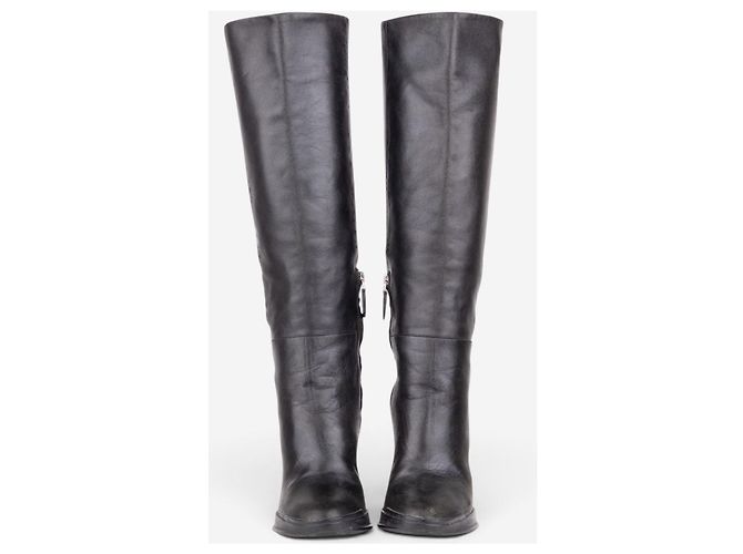 Prada AW14 Knee-High Biker Moto Wedge Boots Schwarz - Ansicht 5
