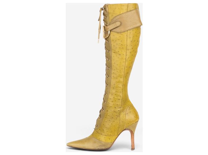 Stivali alti in struzzo con lacci e tacco Dior by Galliano AW00 Giallo - vista 3