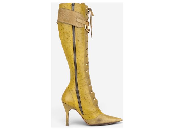 Stivali alti in struzzo con lacci e tacco Dior by Galliano AW00 Giallo - vista 4