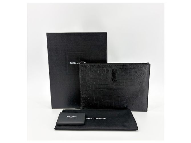 Autre Marque Saint Laurent Classic Monogram Card Holder Crocodile Embossed Leather Black - view 2