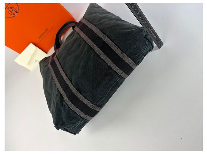 Trim Hermès Sac cabas Vintage Hermes Canvas Gris foncé Sangles rayées Endommagé - vue 12