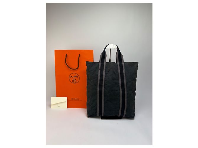 Trim Hermès Sac cabas Vintage Hermes Canvas Gris foncé Sangles rayées Endommagé - vue 14