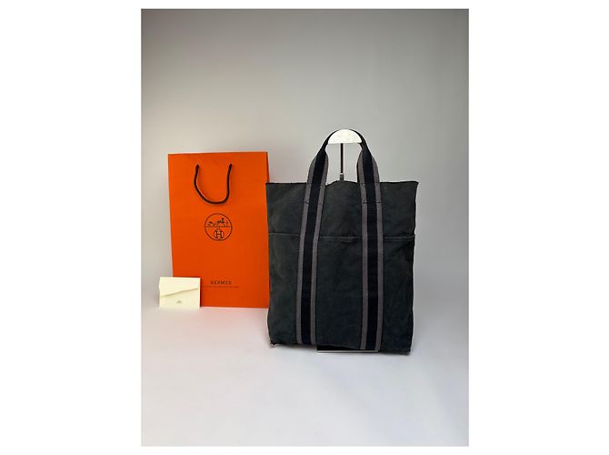 Trim Hermès Sac cabas Vintage Hermes Canvas Gris foncé Sangles rayées Endommagé - vue 2