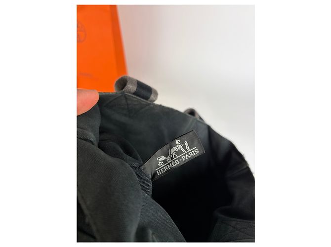 Trim Hermès Sac cabas Vintage Hermes Canvas Gris foncé Sangles rayées Endommagé - vue 4
