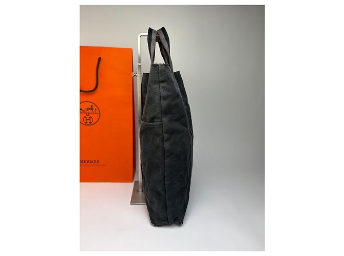 Trim Hermès Sac cabas Vintage Hermes Canvas Gris foncé Sangles rayées Endommagé - vue 6