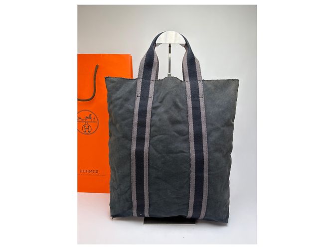 Trim Hermès Sac cabas Vintage Hermes Canvas Gris foncé Sangles rayées Endommagé - vue 7