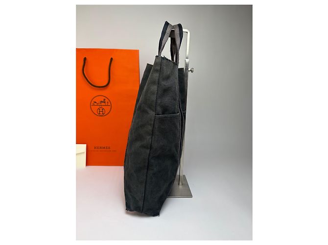 Trim Hermès Sac cabas Vintage Hermes Canvas Gris foncé Sangles rayées Endommagé - vue 8