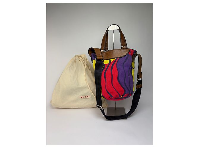 Bolso Tote estructurado Vintage Marni Wave Canvas c. 2009 Púrpura Rojo Amarillo - vista 13