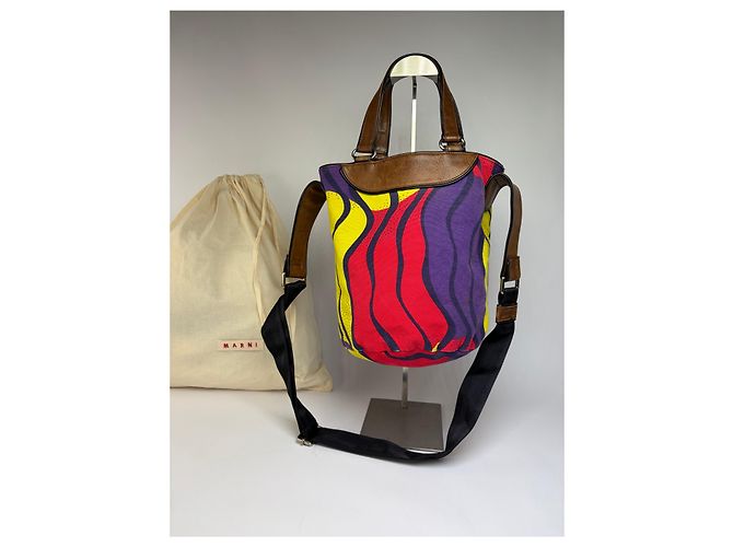 Bolso Tote estructurado Vintage Marni Wave Canvas c. 2009 Púrpura Rojo Amarillo - vista 14