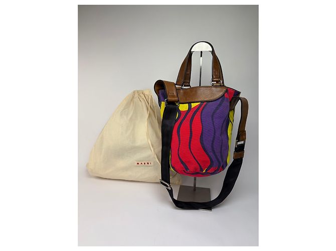 Bolso Tote estructurado Vintage Marni Wave Canvas c. 2009 Púrpura Rojo Amarillo - vista 2