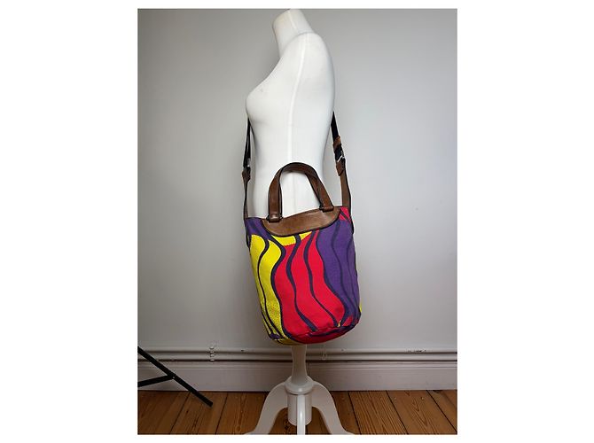 Bolso Tote estructurado Vintage Marni Wave Canvas c. 2009 Púrpura Rojo Amarillo - vista 4