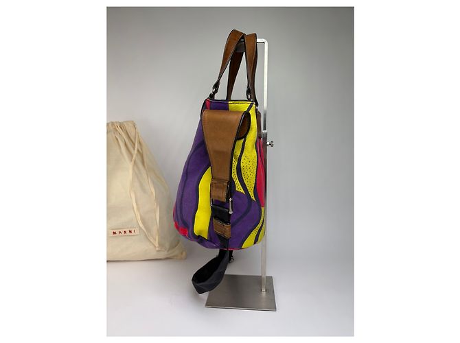 Bolso Tote estructurado Vintage Marni Wave Canvas c. 2009 Púrpura Rojo Amarillo - vista 7