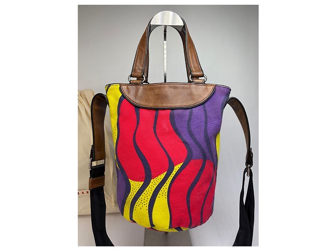 Bolso Tote estructurado Vintage Marni Wave Canvas c. 2009 Púrpura Rojo Amarillo - vista 8