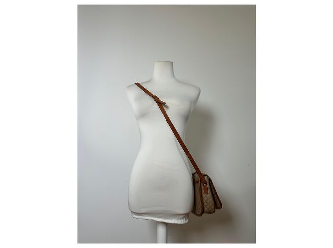 Céline Bolsa Tiracolo com Aba Vintage Celine Macadam Canvas Beige Brown Bege - vista 10