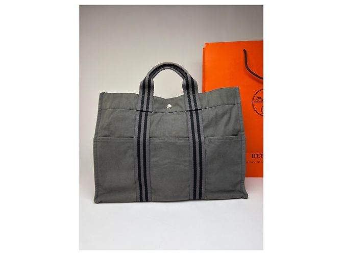Hermès Vintage Hermes Canvas NetBook Tote Grau Schwarz - Ansicht 6