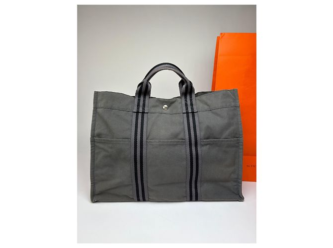 Hermès Vintage Hermes Canvas NetBook Tote Grau Schwarz - Ansicht 8