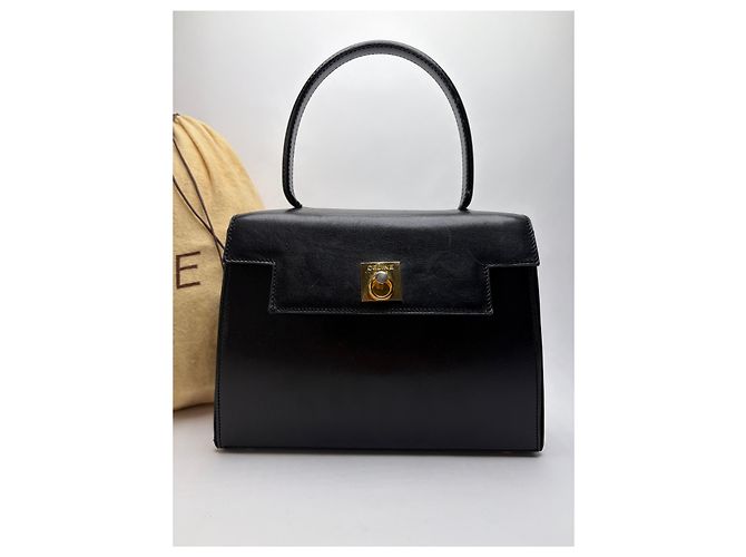 Céline Vintage Celine Structured Leather Top-Handle Bag Black Gold - view 12