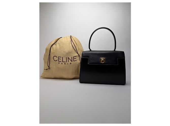 Céline Vintage Celine Structured Leather Top-Handle Bag Black Gold - view 7
