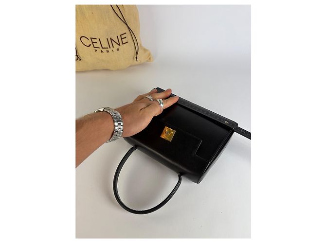 Céline Vintage Celine Structured Leather Top-Handle Bag Black Gold - view 9