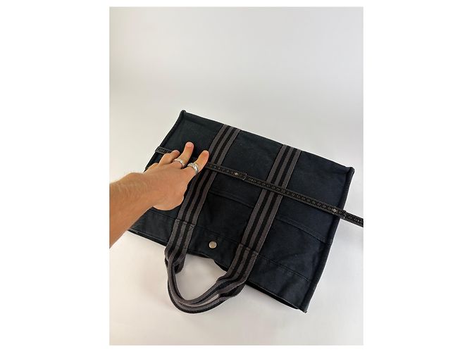 Hermès Tote Vintage Hermes in tela di cotone Nero Argento - vista 11