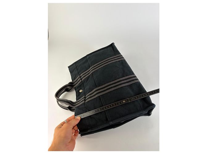 Hermès Tote Vintage Hermes in tela di cotone Nero Argento - vista 12