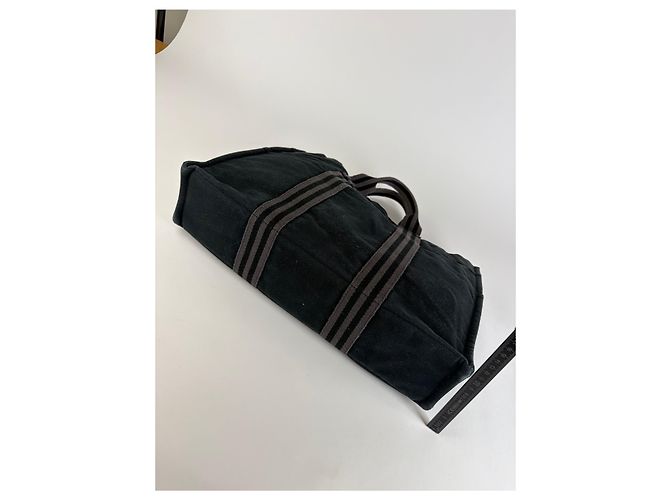 Hermès Tote Vintage Hermes in tela di cotone Nero Argento - vista 13