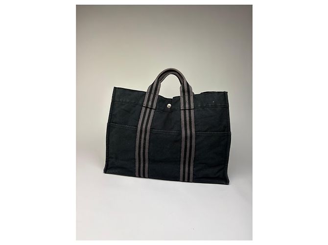 Hermès Tote Vintage Hermes in tela di cotone Nero Argento - vista 2